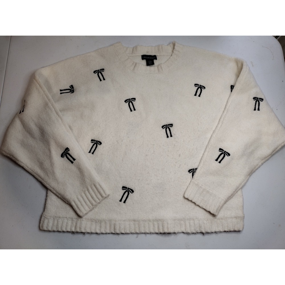 Cynthia Rowley Cream Bow Embroidered Crewneck Sweater Womens XL Relaxed‎ Knit